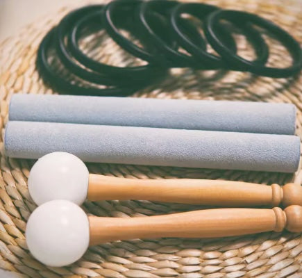 Set of 7 White Crystal Singing Bowls in Beige Bags