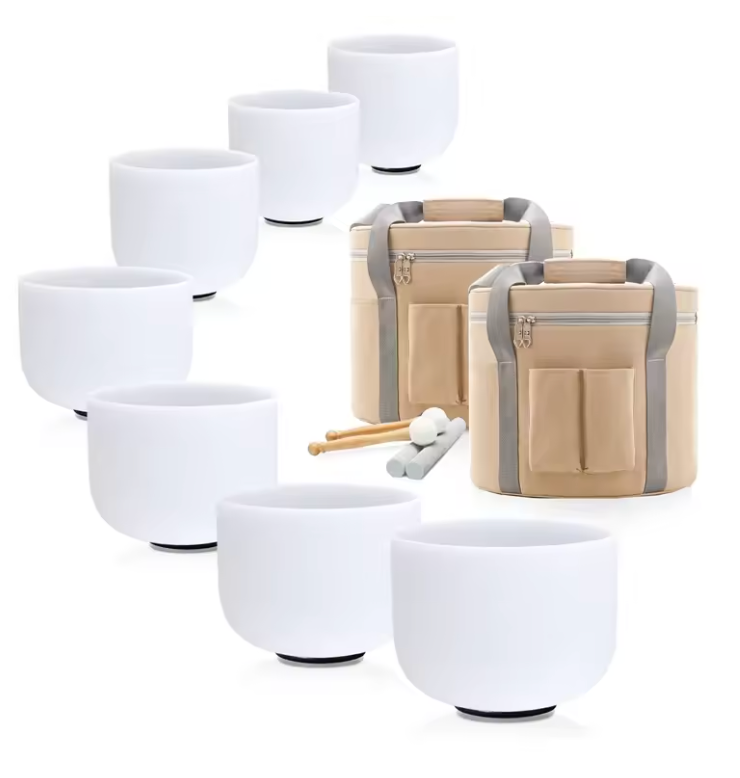 Set of 7 White Crystal Singing Bowls in Beige Bags
